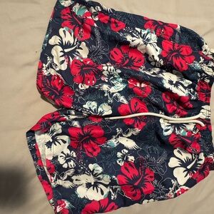 Abercrombie & Fitch Navy Floral Swim Bermudas with Red & White Hibiscus